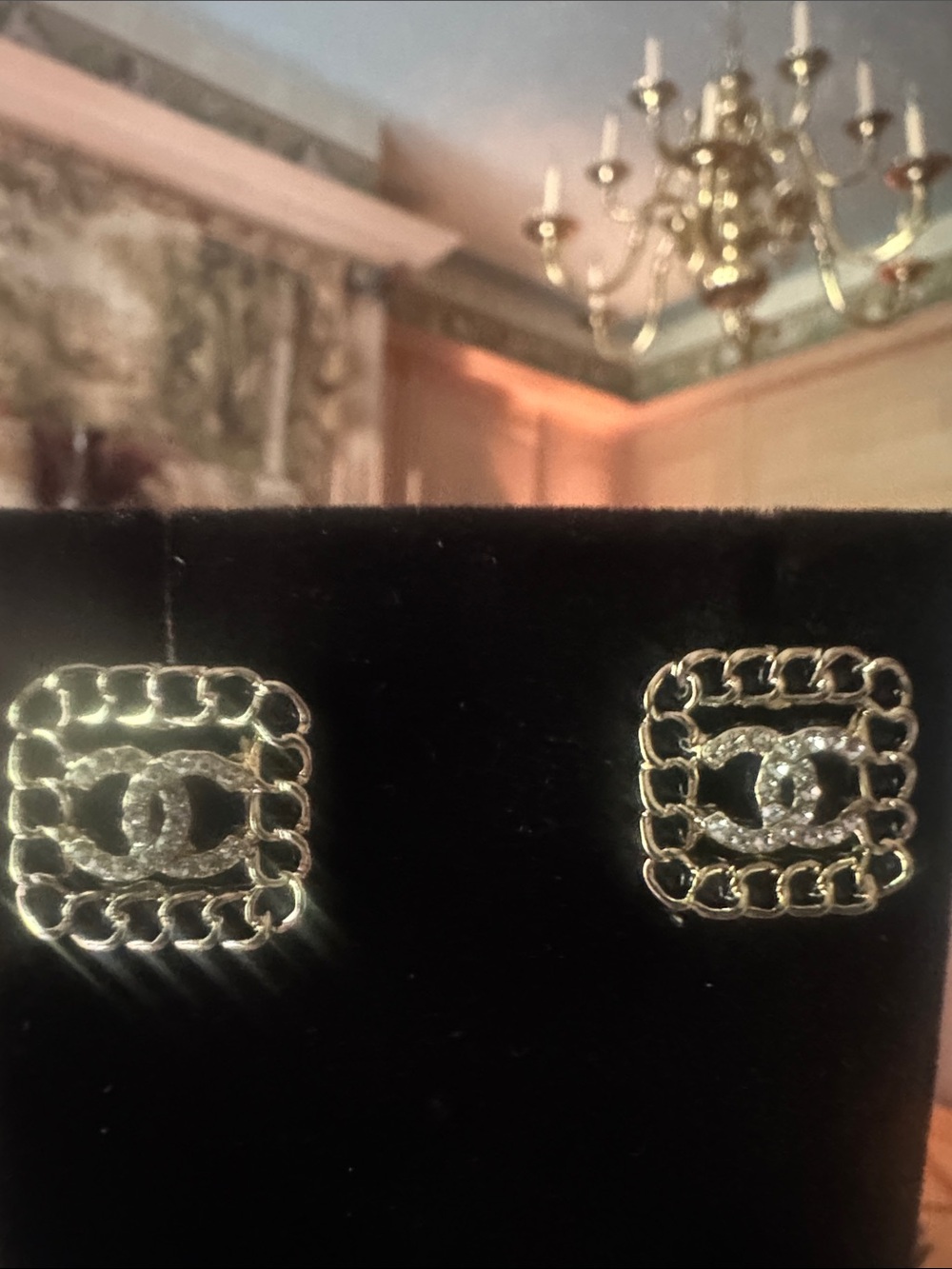 Gold Tone Chain-Frame Logo Stud Earrings - Designer Style - Picture 3 of 4